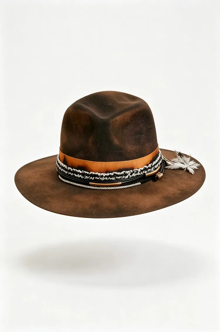 Vintage brown wool-blend fedora with a wide, flat brim