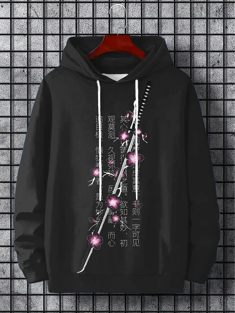 Men's Sakura Chinese Characters Art Print Casual Hoodie