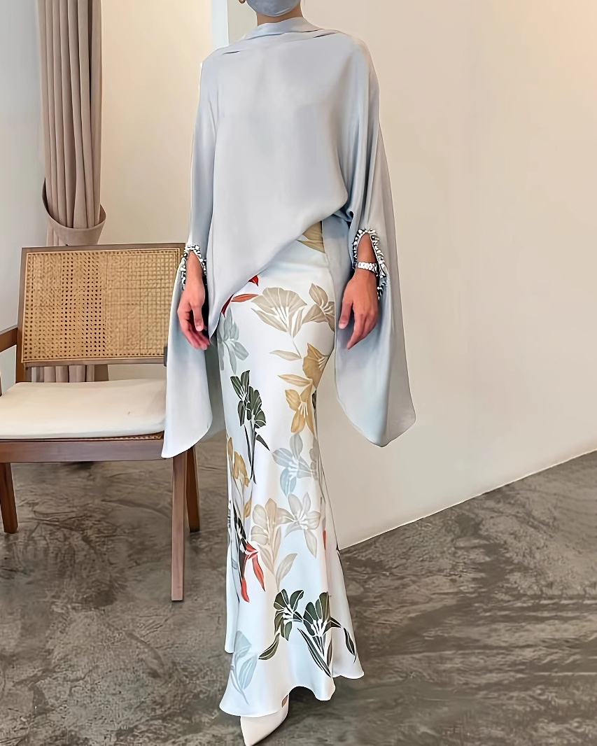 Wide Sleeve Solid Color Top & Floral Print Leafy Pattern Skirt Set