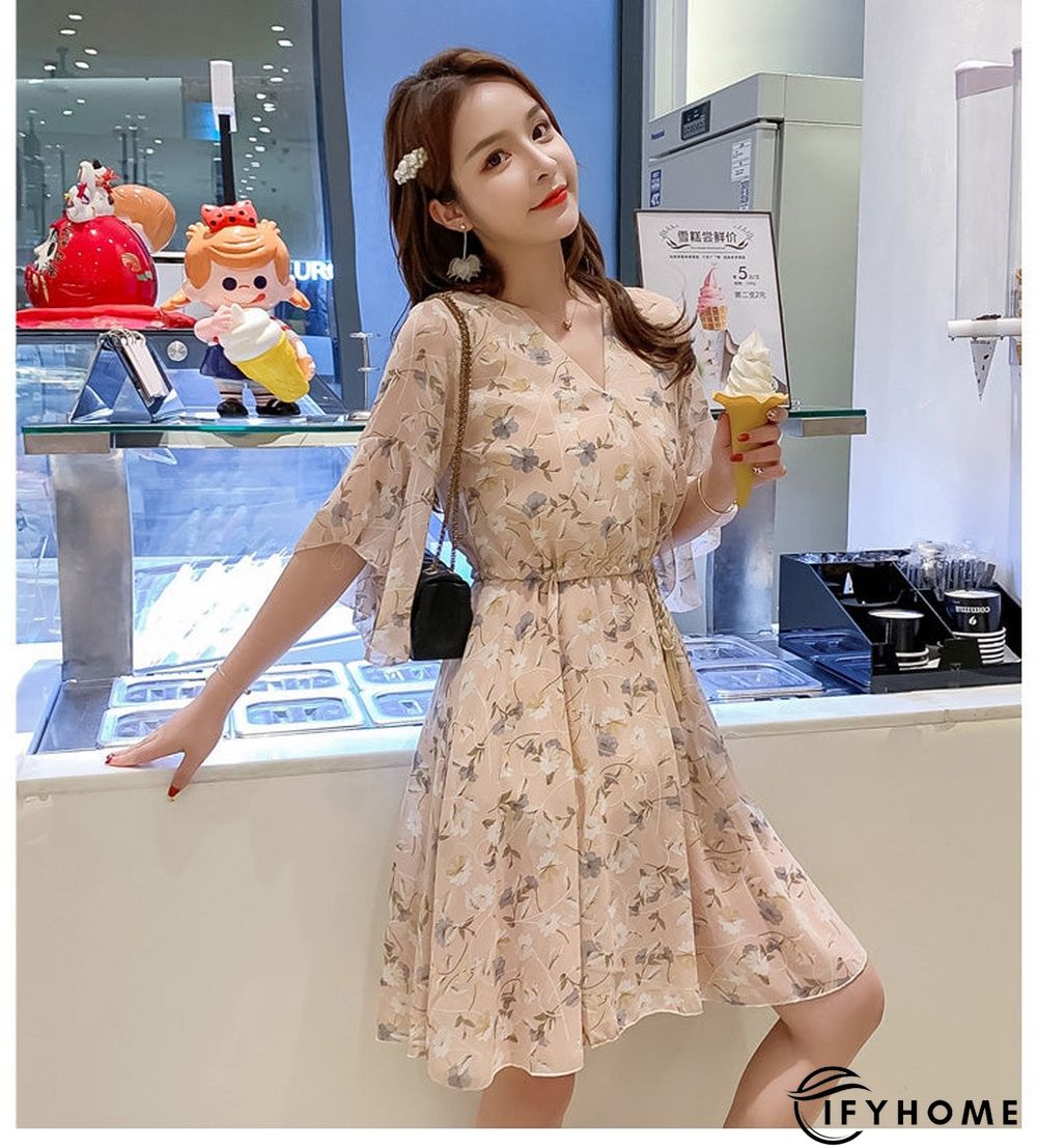 Spring Summer Chiffon Women V-Neck Floral Print Short Dresses Sweet Ruffle Sleeeve Slim Drawstring Ladies Dress | IFYHOME