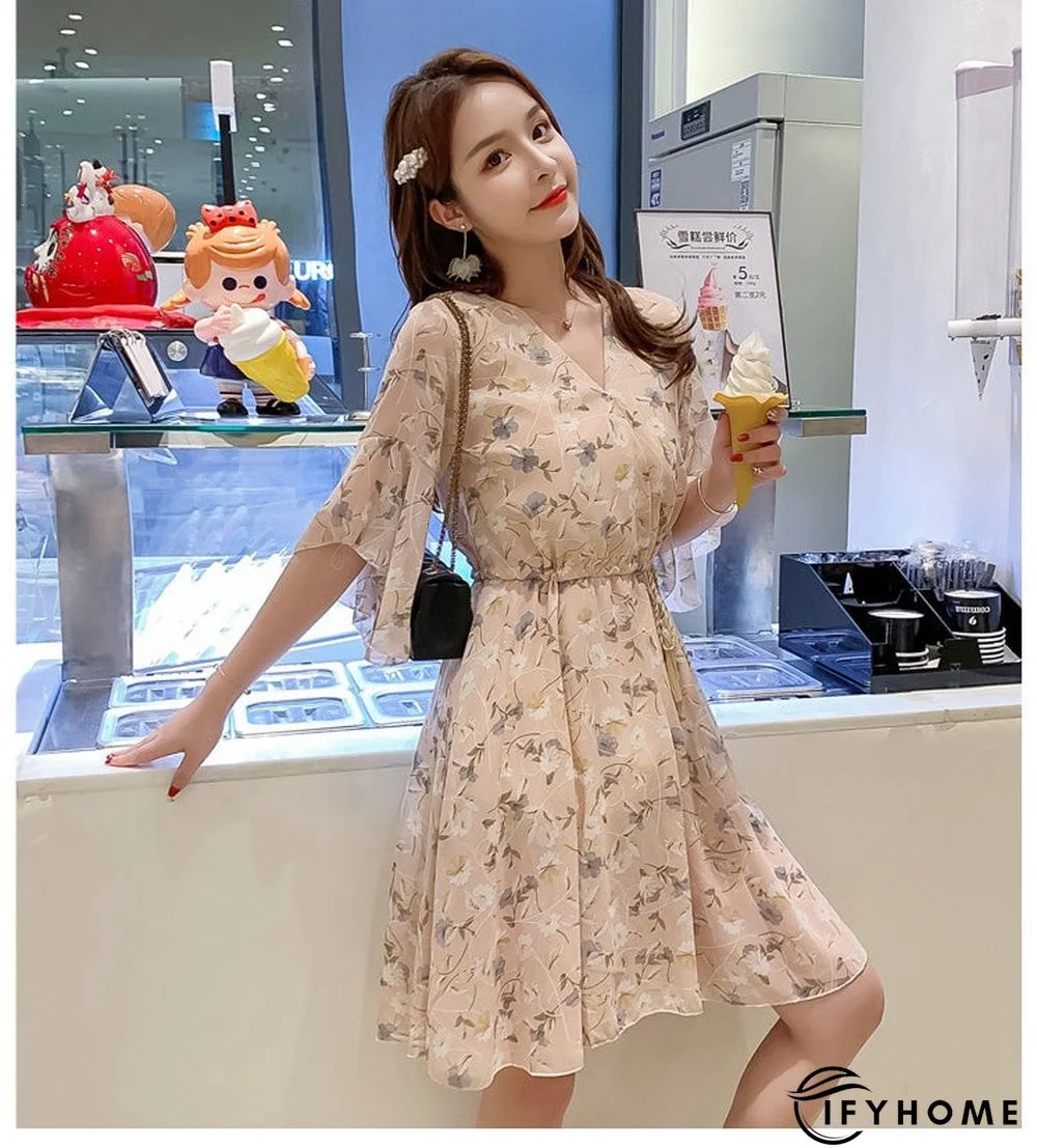 Spring Summer Chiffon Women V-Neck Floral Print Short Dresses Sweet Ruffle Sleeeve Slim Drawstring Ladies Dress | IFYHOME