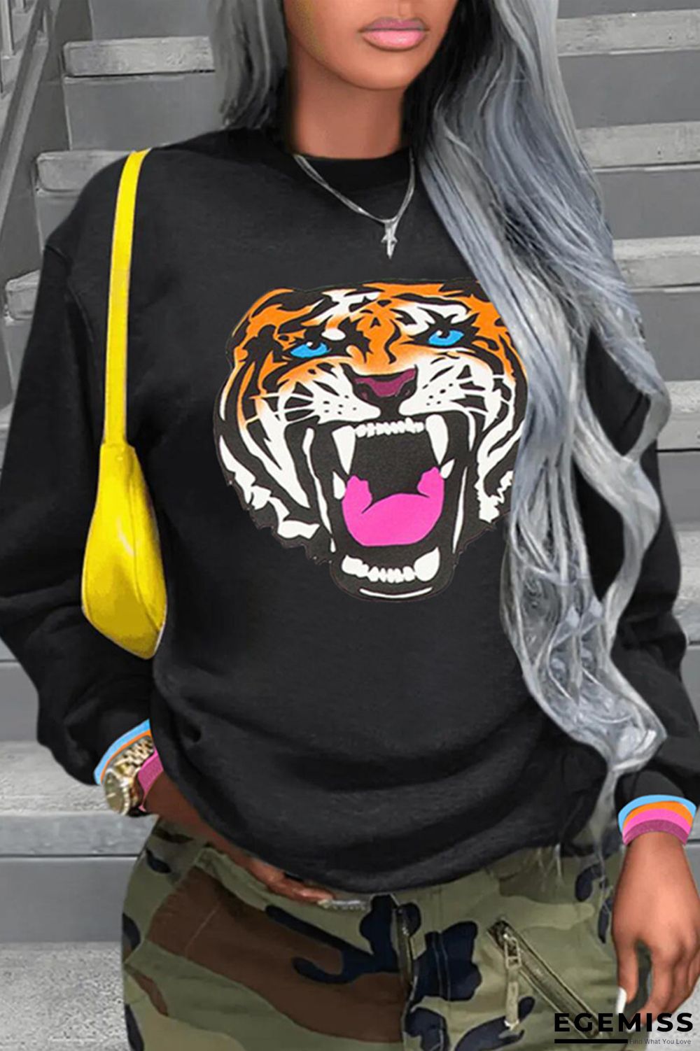 Black Casual Daily Print Basic O Neck Tops | EGEMISS