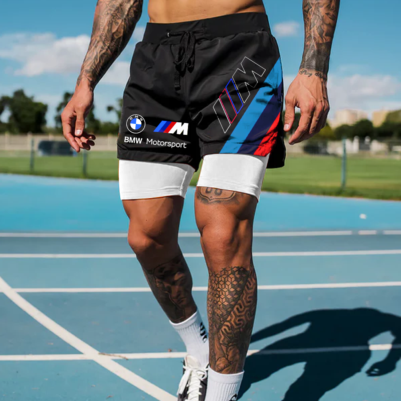 Men's Germany Racing Team Black Double Layer Sports Shorts / TECHWEAR CLUB / Techwear