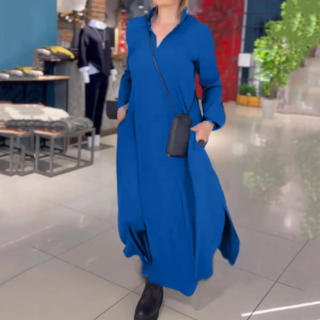 Nigikala Nigikala Summer New Casual Solid Color Loose Thin V Collar Long Sleeve Dress