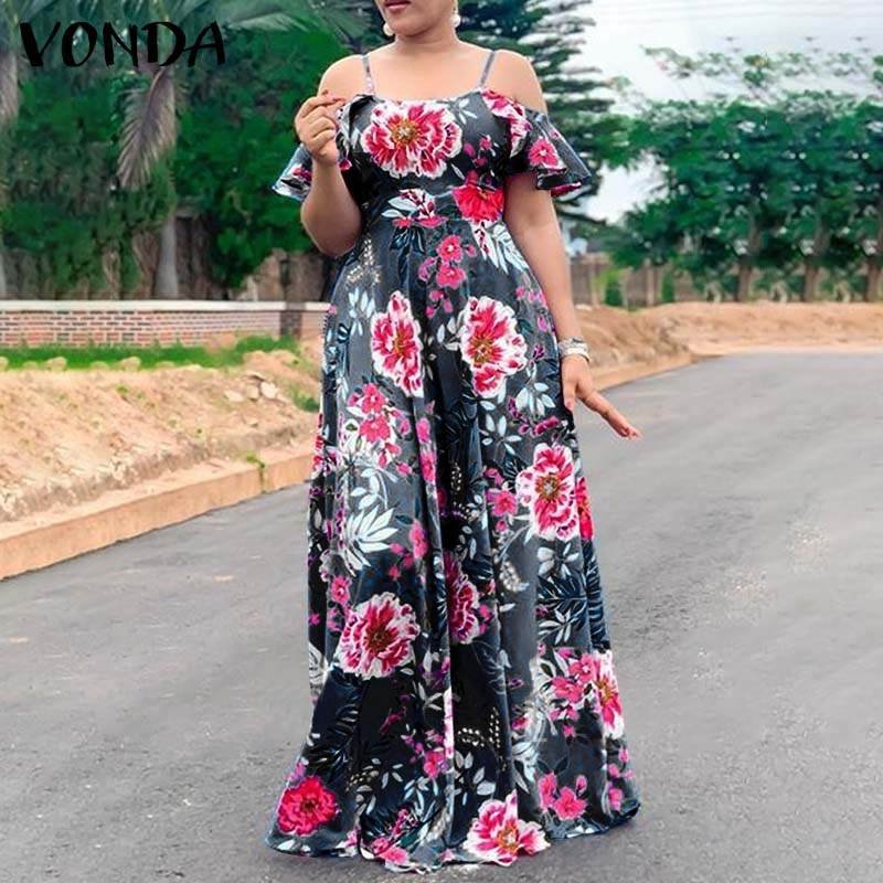 Women Bohemian Floral Printed Long Maxi Dress 2022 VONDA Sleeveless Off Shoulder Dress Beach Sundress Casual Zipper Vestido
