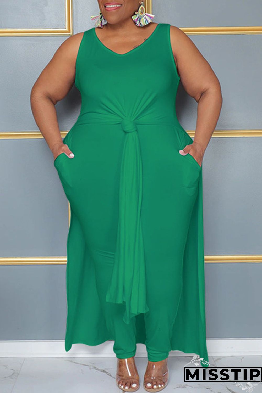 Blue Casual Solid Patchwork Slit V Neck Plus Size Two Pieces