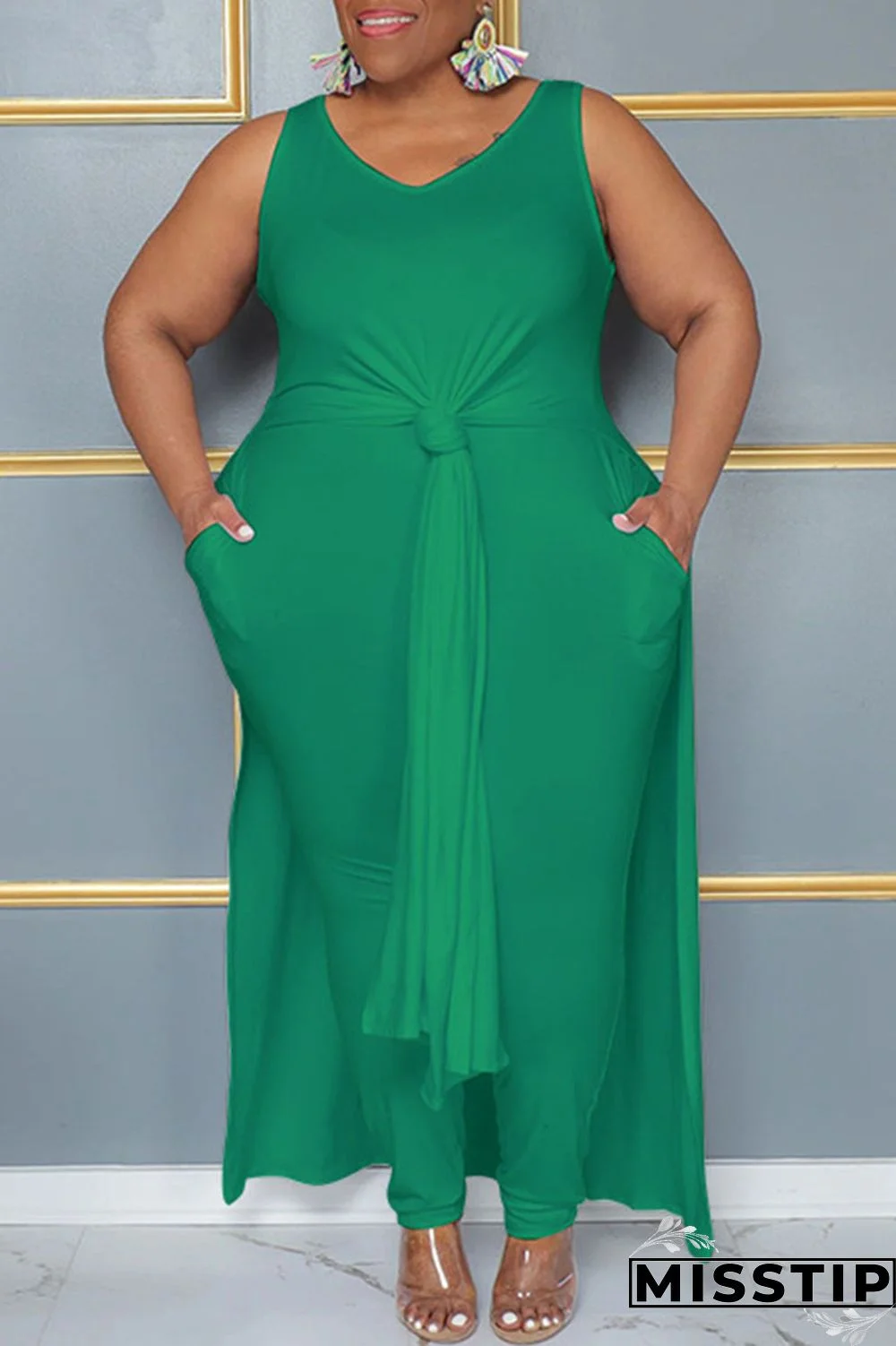 Blue Casual Solid Patchwork Slit V Neck Plus Size Two Pieces