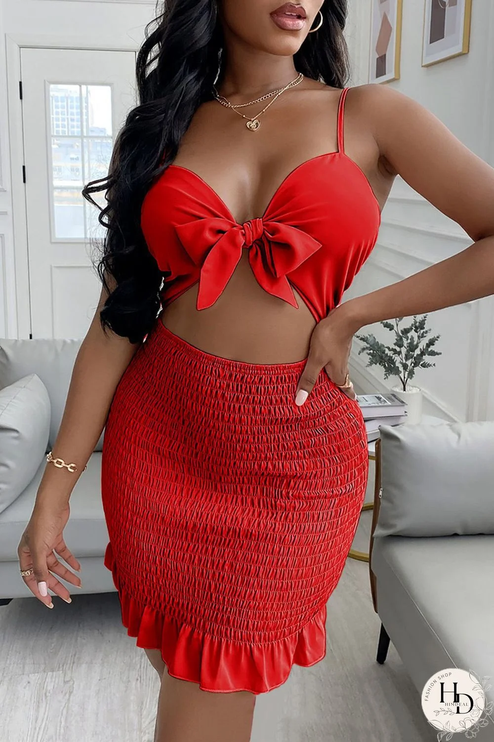 Red Fashion Sexy Solid Hollowed Out Backless Spaghetti Strap Sleeveless Dress