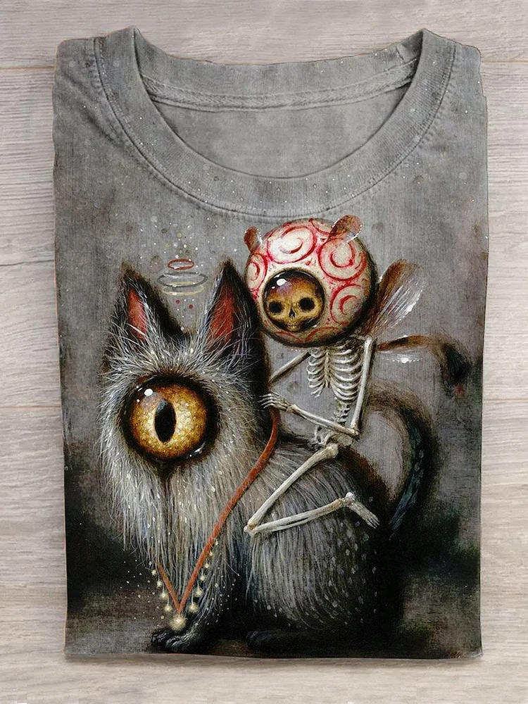 Monster Cat And Skull Animal Art Design T-shirt