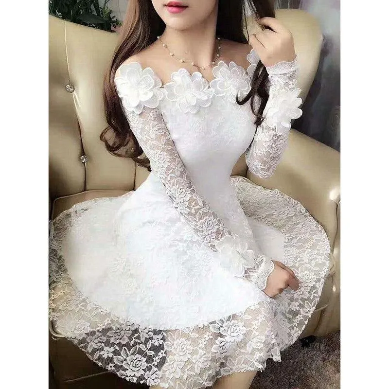 2020 Autumn New Flower Lace Women Dress Slim Long Sleeve Female Dresses