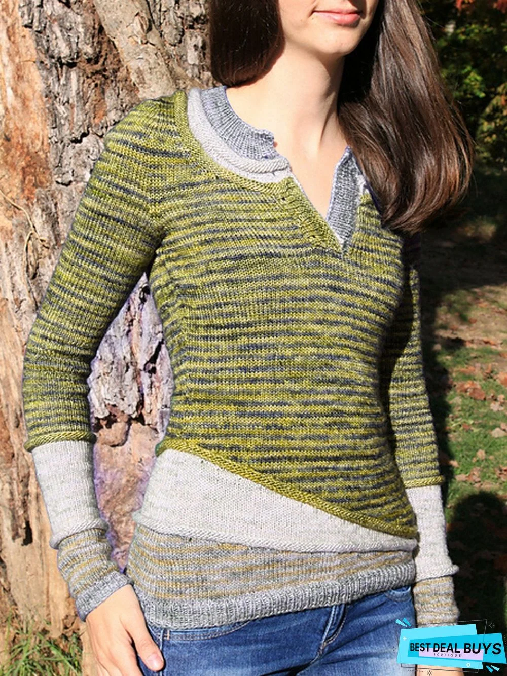 Blue Casual Plain Paneled Sweater