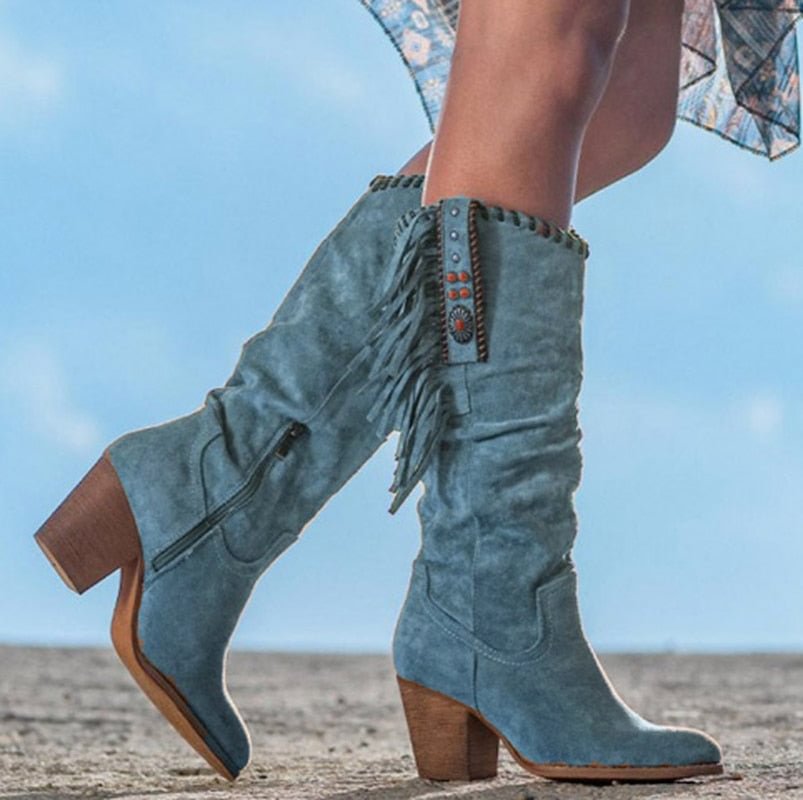 2021 Women knee high Boots Big Size chunky high heels shoes Booties vintage PU leather gladiator tassels deco Shoe botas mujer
