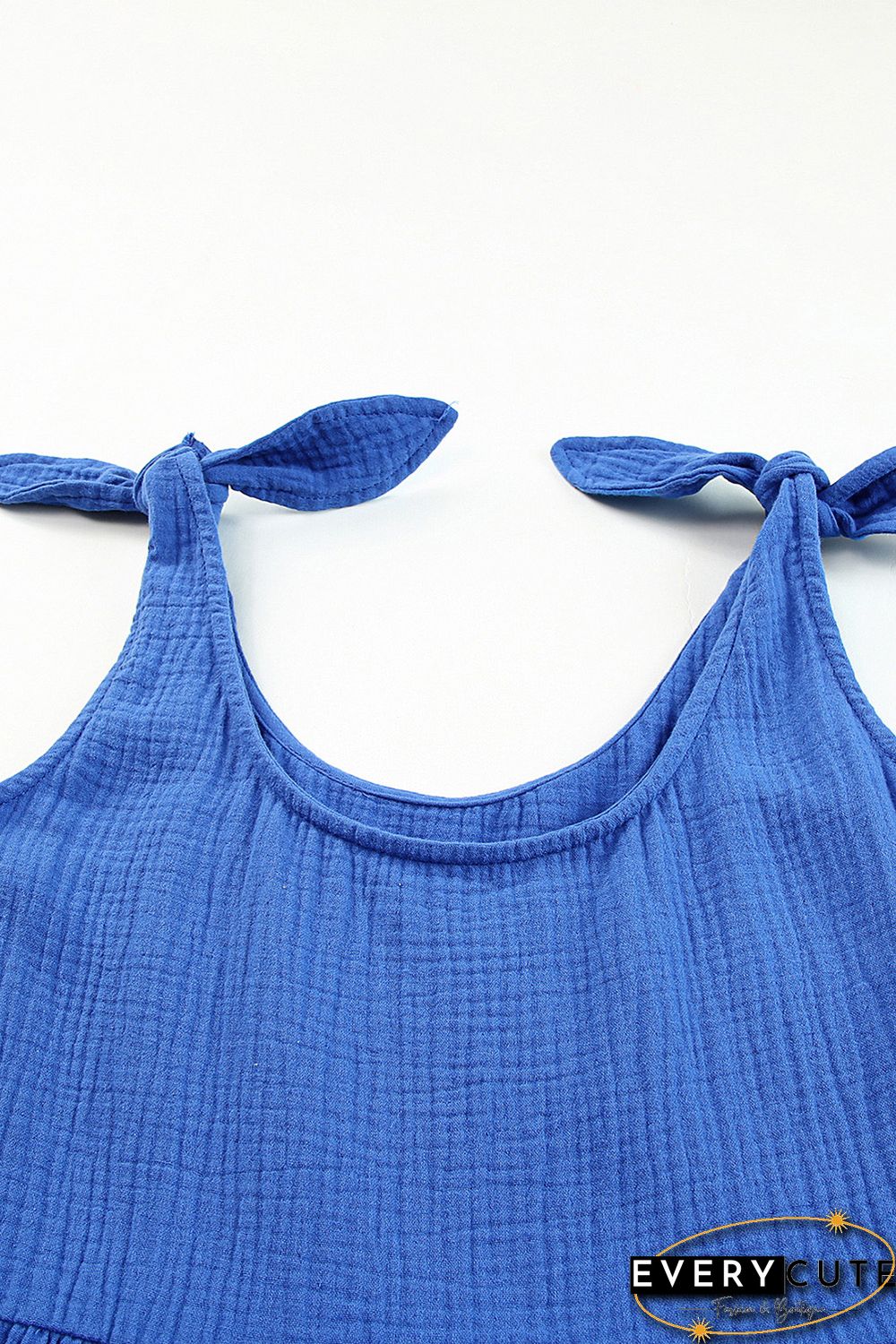 Blue Textured Knotted Straps High Waist Wide Leg Romper