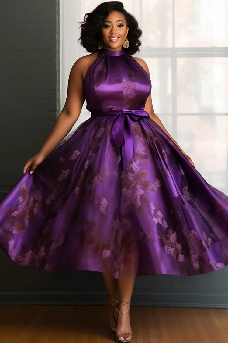 Xpluswear Design Plus Size Formal Purple Halter Collar Sundress Wrap Satin Midi Dresses [Pre-Order] 2024 - Xpluswear