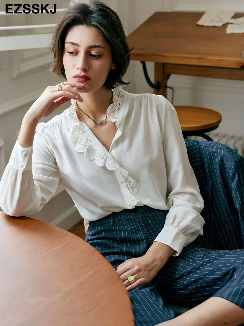 Spring Autumn Retro French lace blouse shirt women top 2021 female loose blouse shirts long sleeve elegant blouse