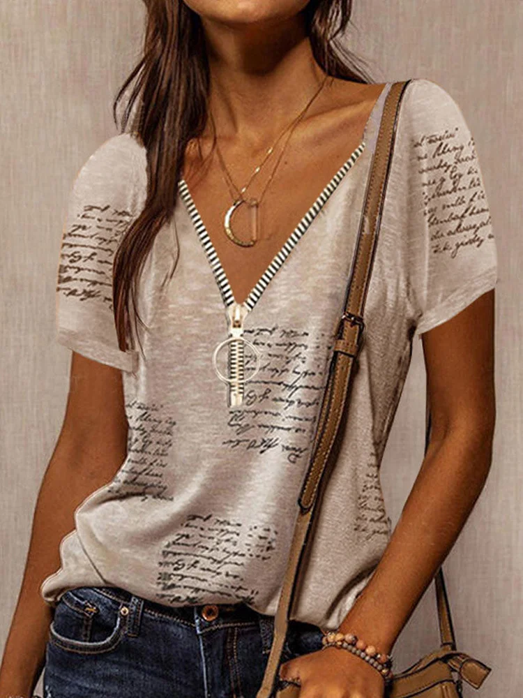 Zip Casual Top V-Neck Print Short Sleeve T-Shirt