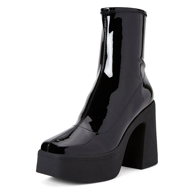 Black Closed Square Toe Flared Heel Platform Short Boots for Women |FSJ Shoes