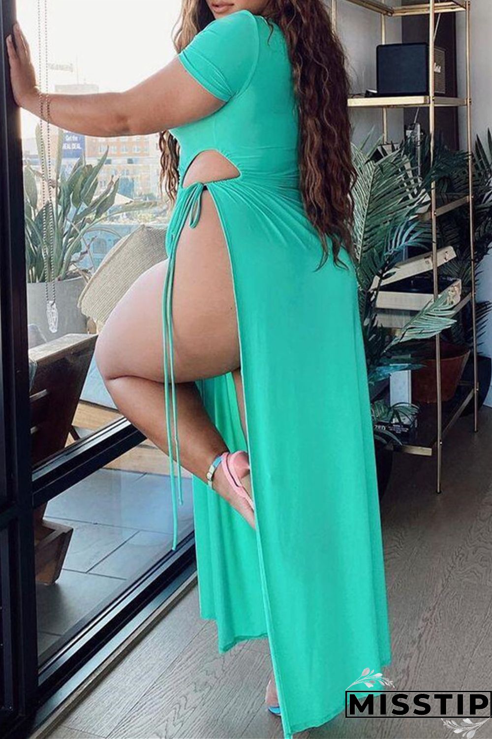 Orange Fashion Sexy Plus Size Solid Hollowed Out Slit O Neck Short Sleeve Dress