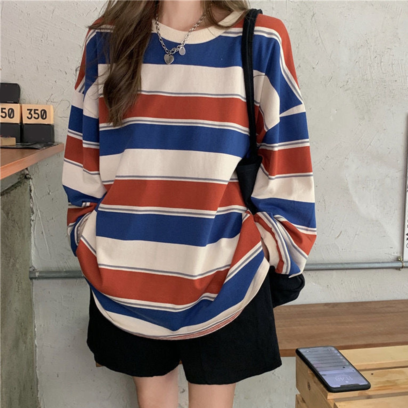 Kanonion Fashion Korean Style Striped Sweatshirts Crew Neck Y2k Tops For Women Preppy Clothes Color Blocking Ins Harajuku Pullover