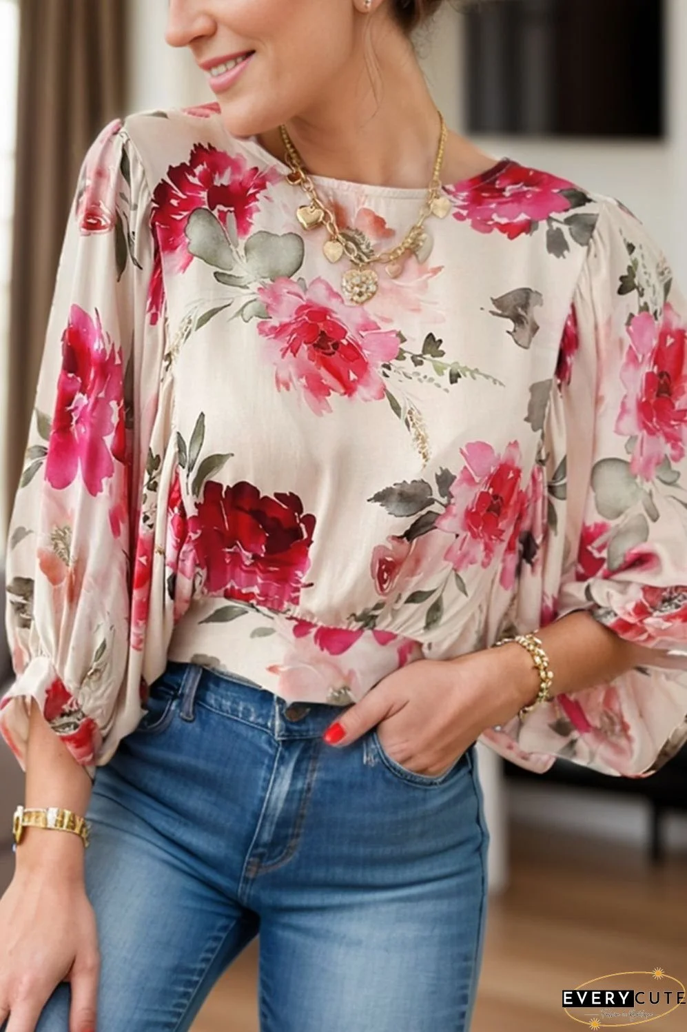 Tied Floral Round Neck Three-Quarter Sleeve Blouse