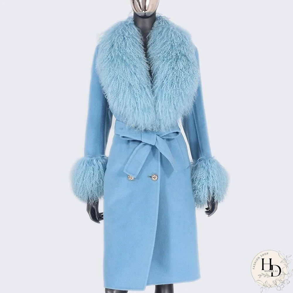 BLUENESSFAIR Real Fur Coat Winter Jacket Women Natural Mongolia Sheep Fur Collar Cashmere Wool Blends Outerwear Streetwear
