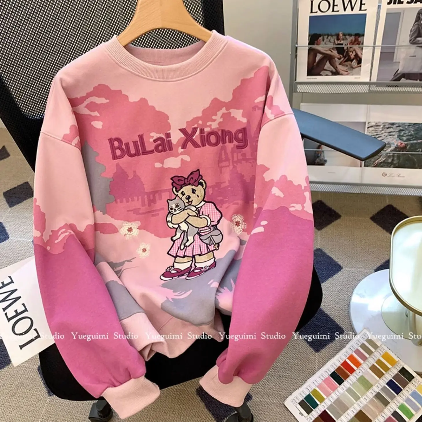 Parigaminghub Pink Round Neck Hoodie Women Clothing Spring and Autumn Lazy Style Oversize Sweatshirt High end Loose Casual Pullover Women Tops