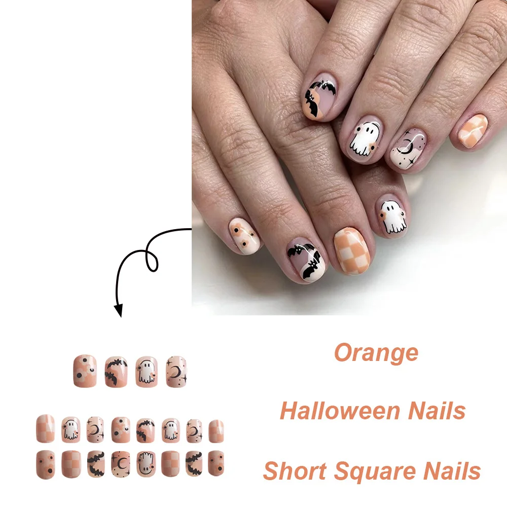 Churchf Churchf Short Square Nail Checkerboard Bat Small Ghost Halloween Element Fake Nails Finished Wear Nail Holiday Nail