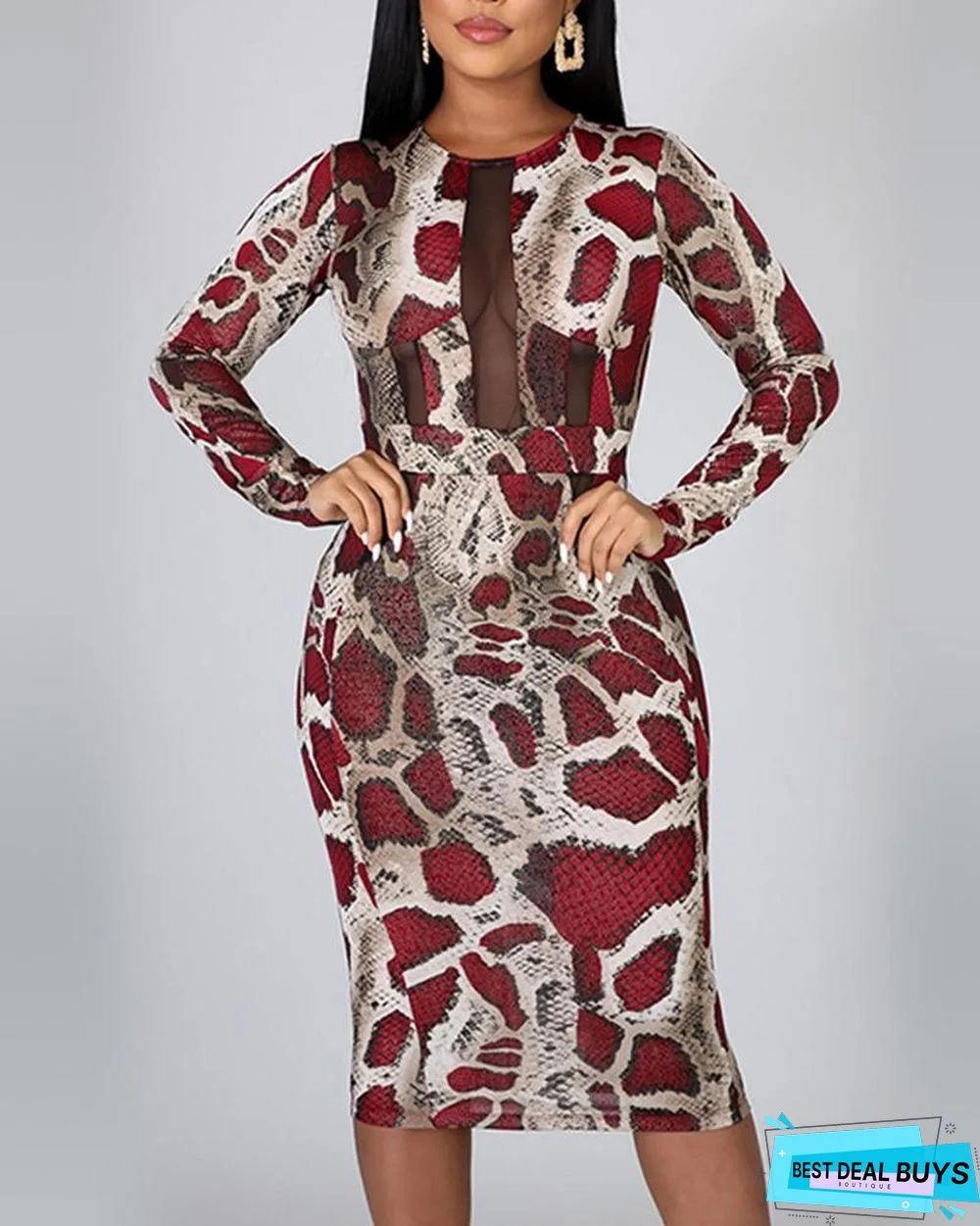 Snake Print Mesh Insert Bodycon Dress