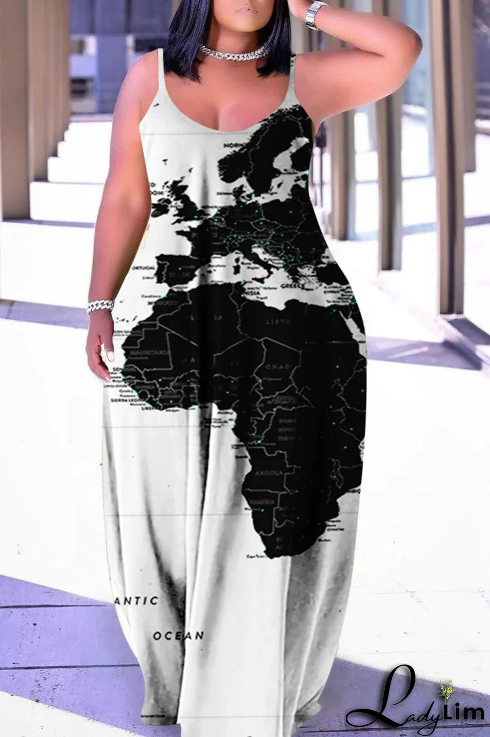 Black Red Fashion Sexy Plus Size Casual Print Backless Spaghetti Strap Long Dress