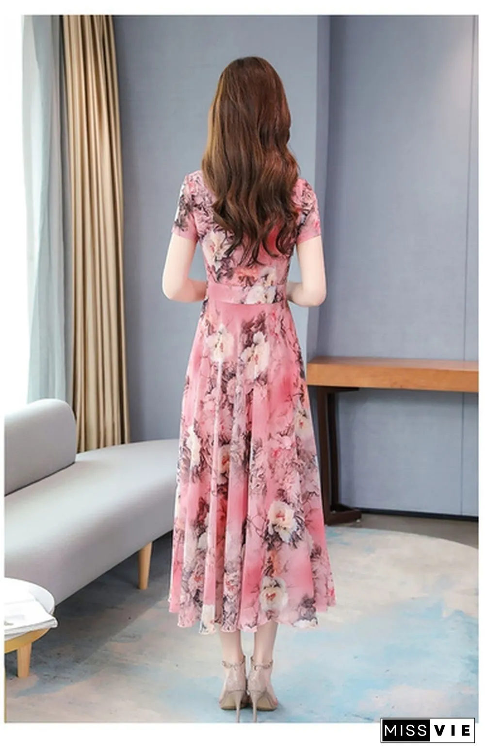 Ice Silk Long Skirt Summer Temperament Flower Long Skirt Retro Elegant Dress