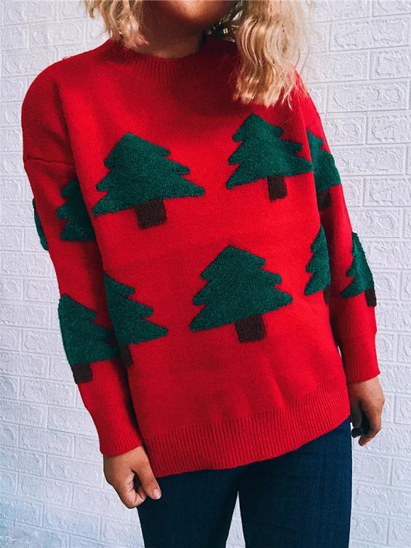 Women's Christmas Sweater Crew Neck Long Sleeve Christmas Tree Knit Pullover Flusfy