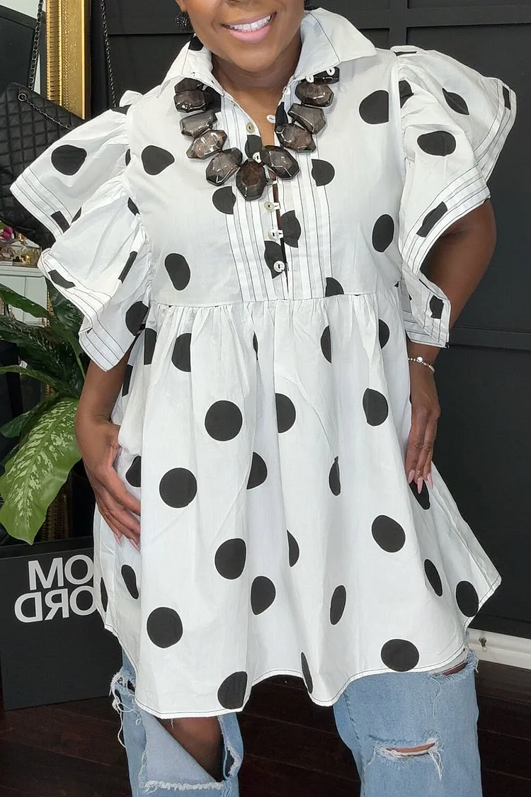 Plus Size Vacation White Casual Polka Dot Shirt Collar Flutter Sleeve Short Sleeve Pocket Blouses 2024 - Xpluswear