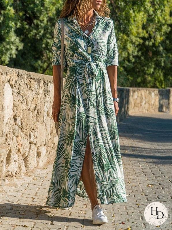 Casual Printed High-waist Lace-up Chiffon Shirt Dress