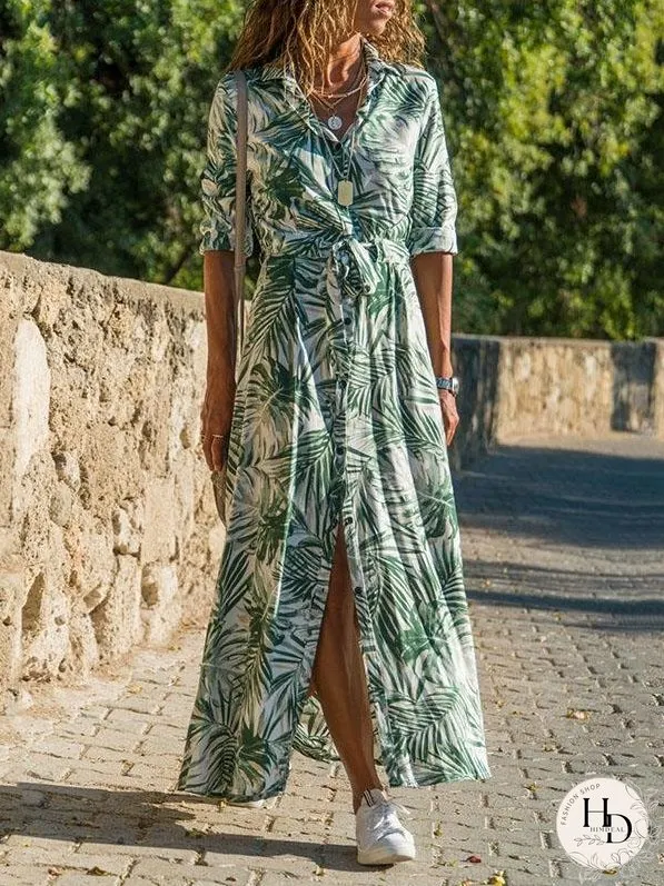 Casual Printed High-waist Lace-up Chiffon Shirt Dress
