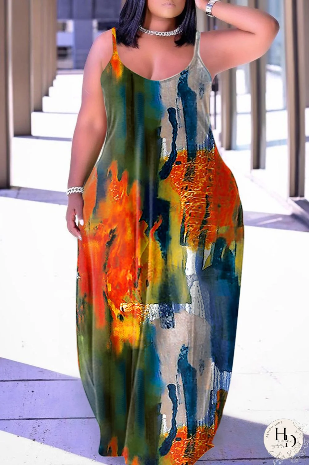 Green Sexy Casual Print Backless Spaghetti Strap Long Dress Dresses