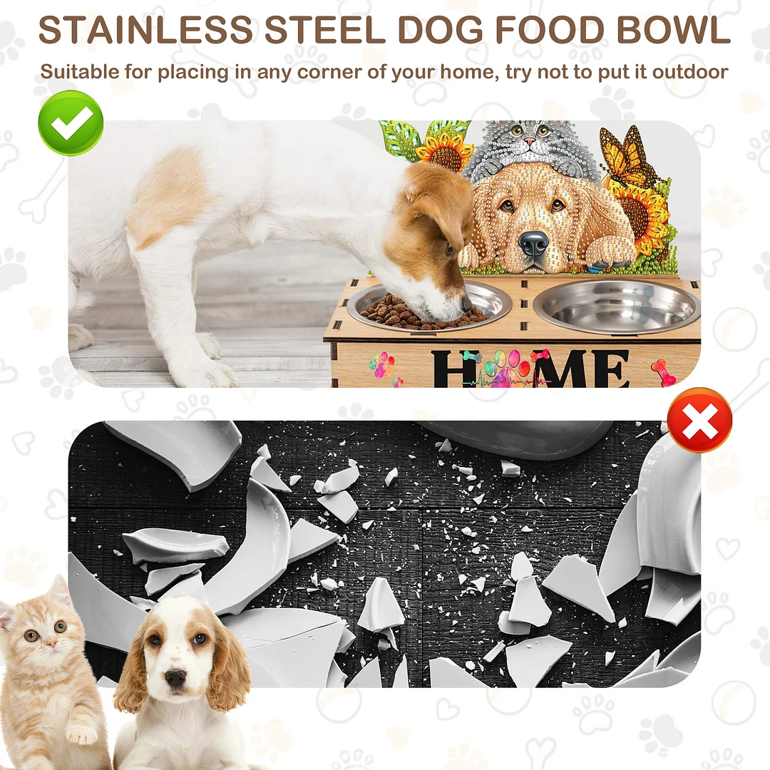 Diamond Painting Food Bowl with Wood Stand Diamond Art Dog Bowl for Small Dogs