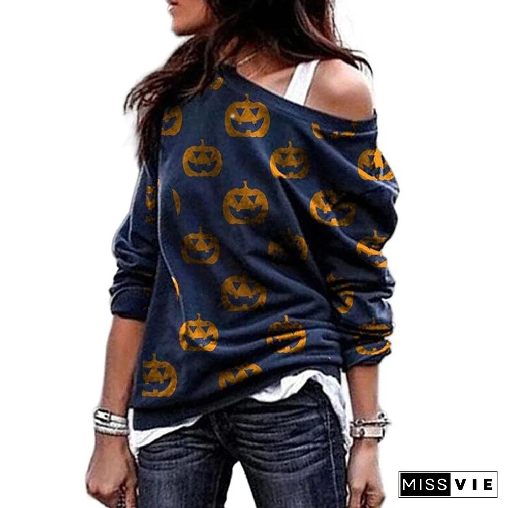 One Shoulder Bat Printed Long Sleeve Shirt