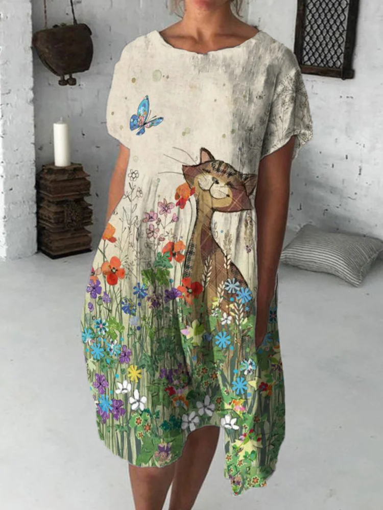 Country Cat & Butterfly Art Flowy Midi Dress