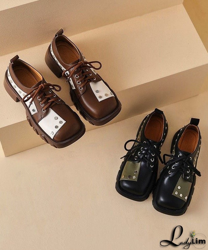 Casual Lace Up Chunky High Heels Brown Cowhide Leather Loafers For Women