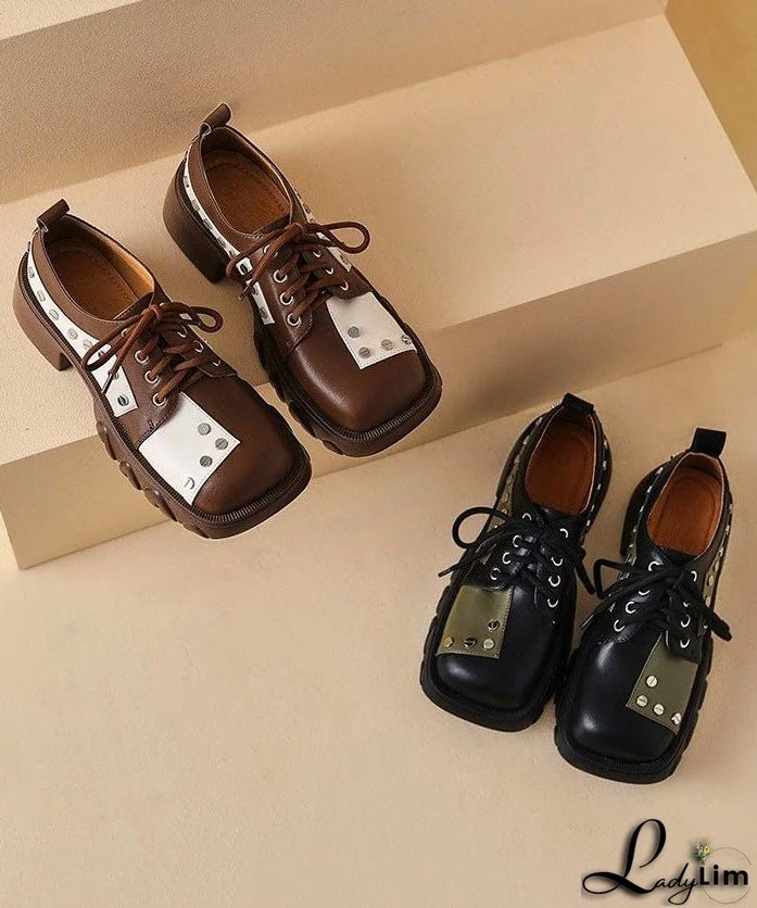 Casual Lace Up Chunky High Heels Brown Cowhide Leather Loafers For Women