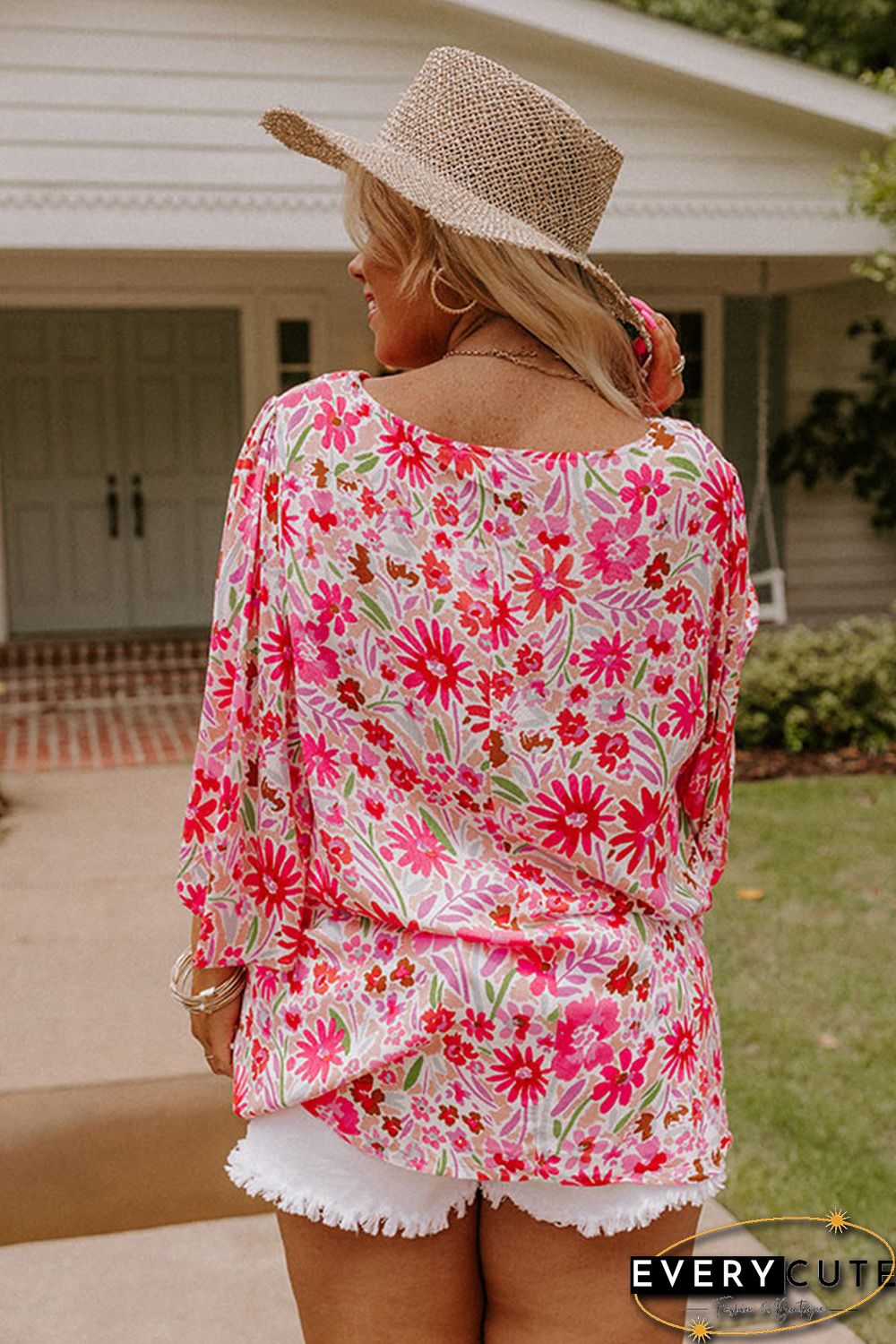 Pink Floral Ruffled Half Sleeve V-Neck Plus Size Blouse