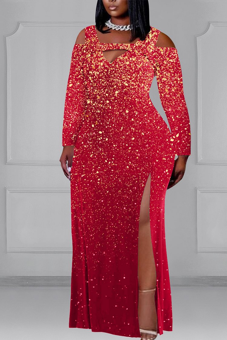 Xpluswear Plus Size Red Formal Hollow Out Shiny High Split Long Sleeve Maxi Dresses 