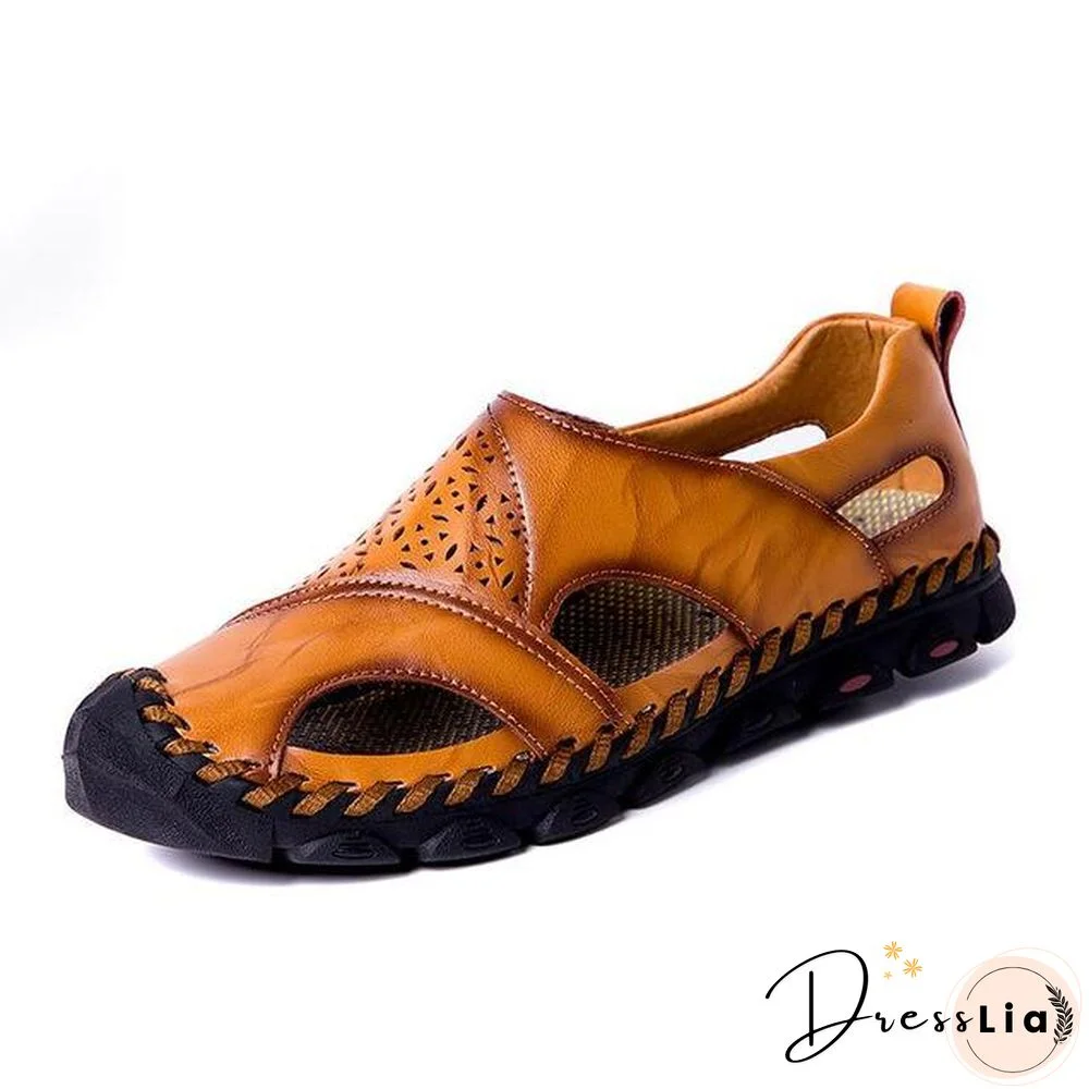 Men Breathable Genuine Leather Sandals Plus Size Casual Beach Flats Shoes