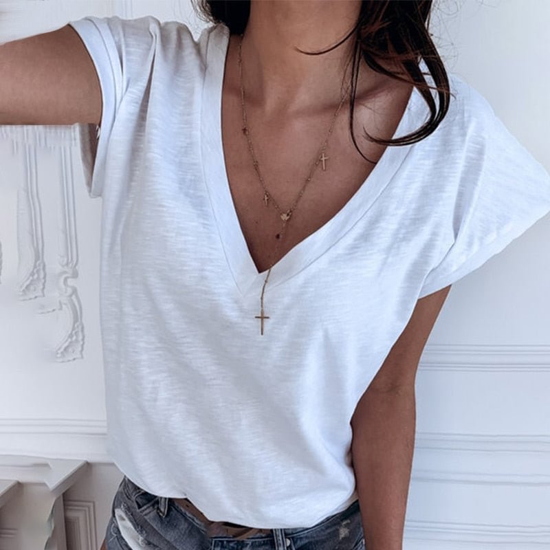 V-Neck Short Sleeve Solid Oversize Women T-shirt Eye Print Loose Casual T Shirt Woman 2021 Summer Fashion Simple All-match Tops