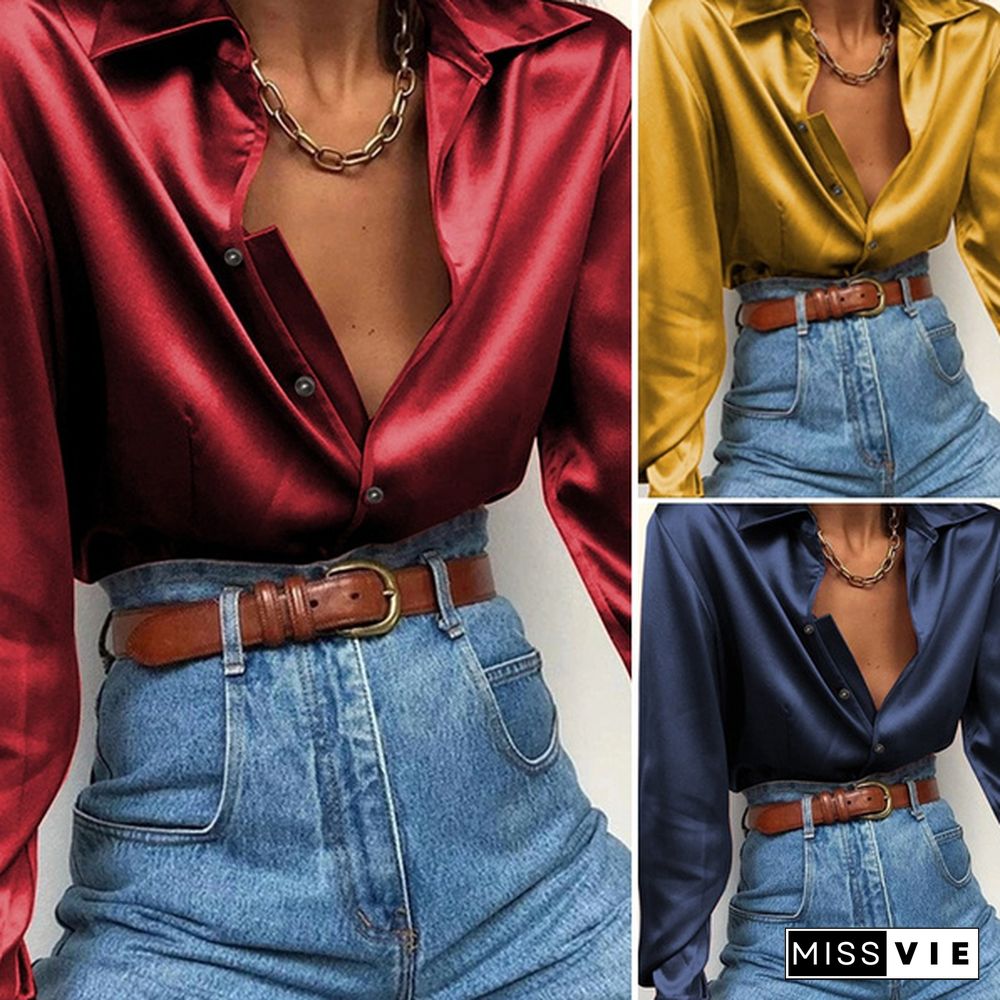 Autumn Women Silk Satin Long Sleeve Lapel Collar Shirt Tops Button Down Laides Casual Elegant Blouse Tops