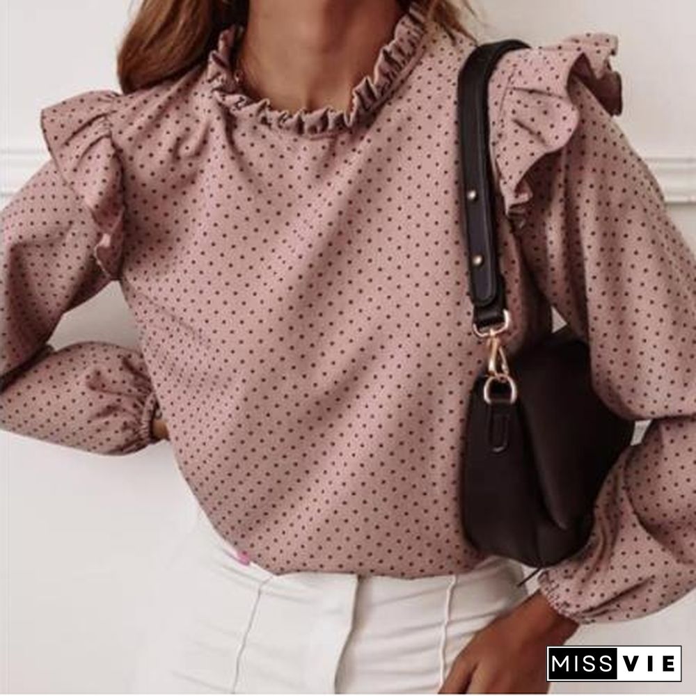 Women Autumn Long Sleeve V-Neck Pullover Tops Polka Dot Ruffle Blouse Shirts