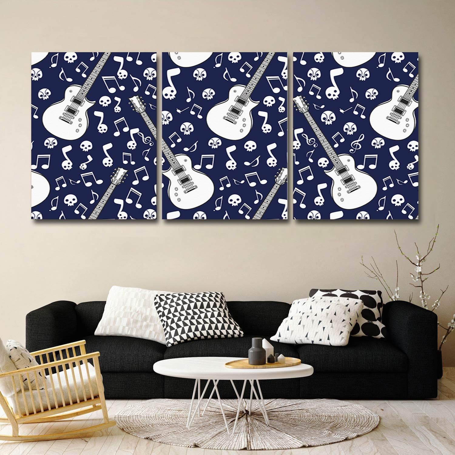 CyCoShower 3 Panel Oil Paintings on Canvas Wall Art Mexico White Skull Guitar and Note on Blue Background Ready to Hang for Living Room Bedroom Home Office Decor 12x20inx3 panel