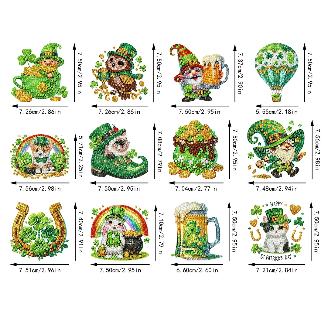 12Pcs Happy St Patricks Day DIY Diamond Art Fridge Magnet Refrigerator Sticker Diamond Art Stickers Refrigerator Painting Kits for Beginners Adults DIY Craft Gifts Home Decors