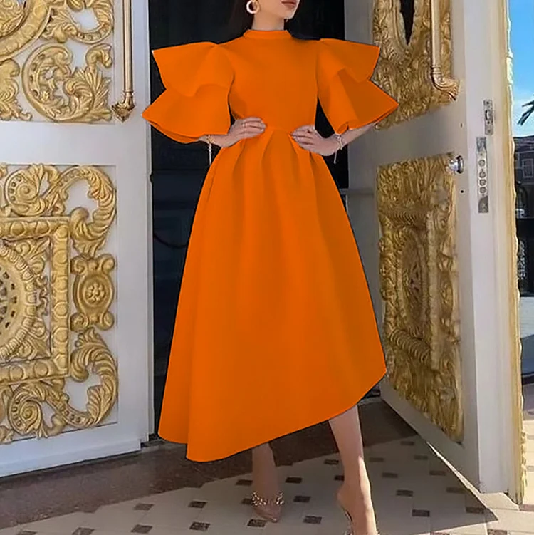 Solid Elegant Double Sleeve Midi Dress