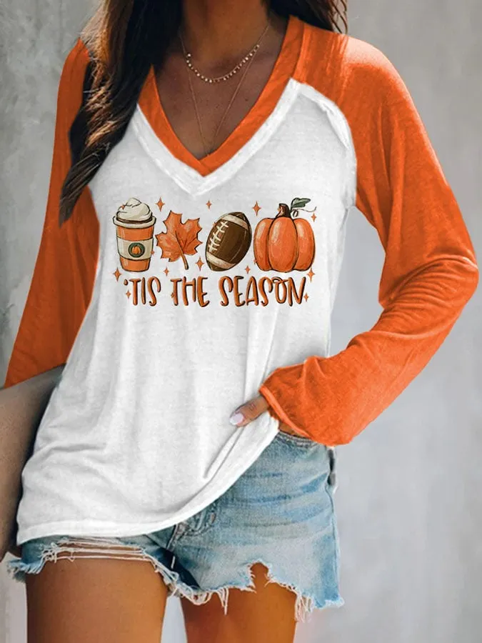 V-neck Football Tis The Season Pumpkin Maple Leaf Print T-Shirt 